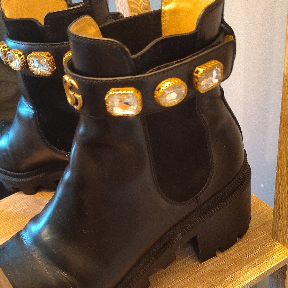 Gucci Black Ankle Boots with Gold Accents - Picture 5 of 10